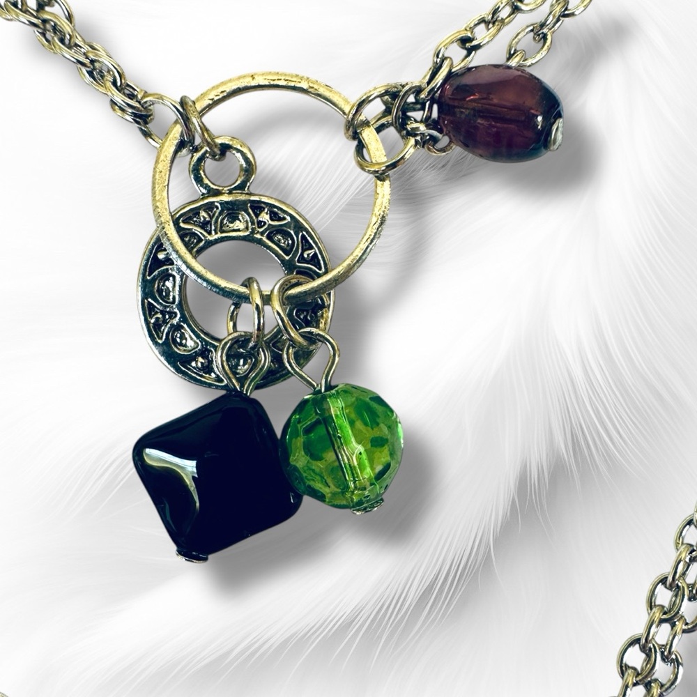 Chico's Red, Green, Purple and Silver Tone Necklace with Glass Beads and Charms - Picture 5 of 6
